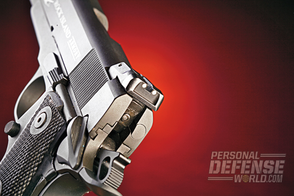 The .22 TCM features an adjustable white-dot rear sight.