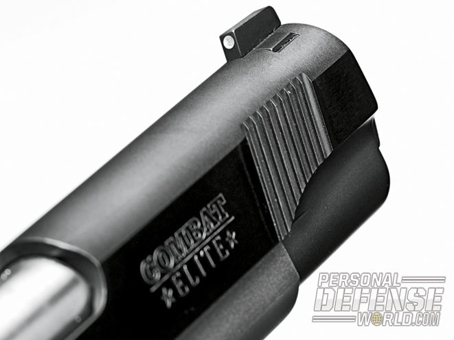 Standard on the Colt Combat Elite are white-dot Novak Low Mount Carry sights. Front slide serrations (below) provide extra gripping surface for manipulations.