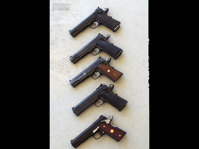 These days, the author is likely to set aside his old Colts in favor of more modern 1911s like these. From top: Colt, Kimber, S&W, Springfield Armory and Para USA—all in .45 ACP.