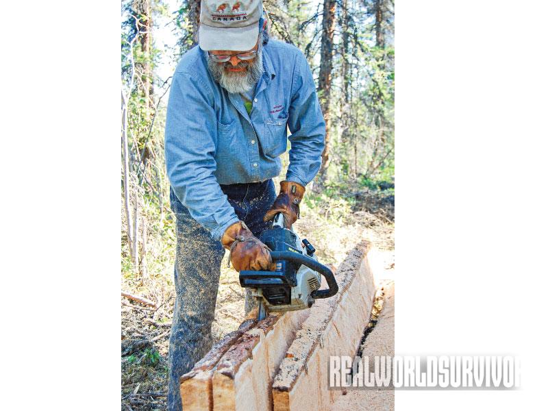 Building a Log Cabin Process, Log Cabin, cutting plank