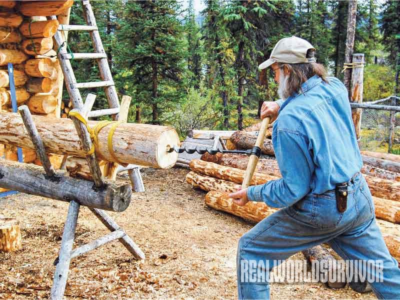 Building a Log Cabin Process, Log Cabin, drill dowel hole