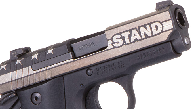 sig sauer P938 STAND pistol engraved slide