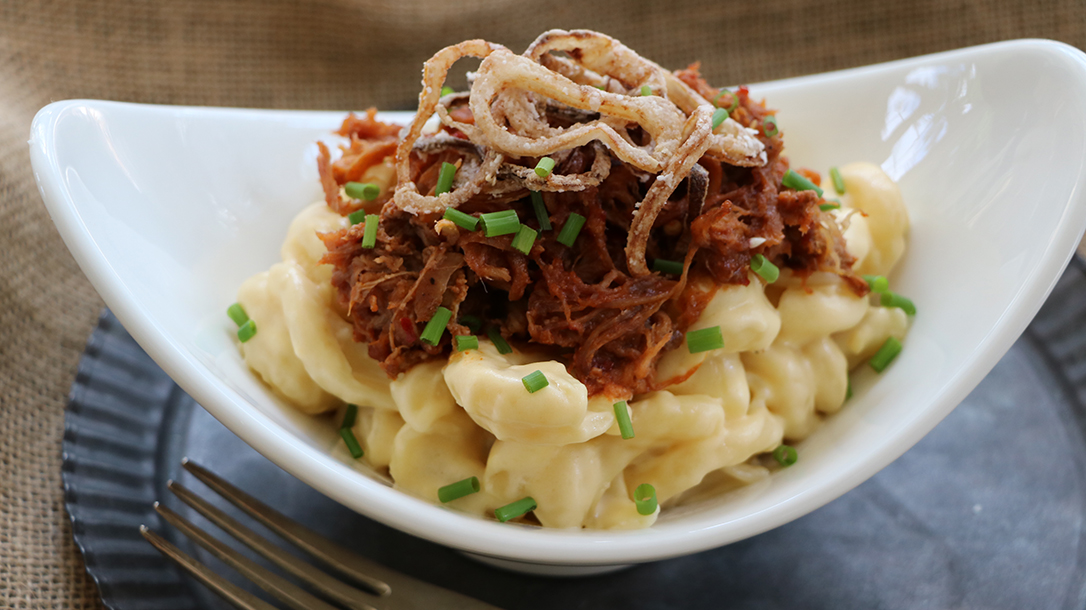 Smoking Wild Game recipes, Bri Van Scotter, Smoked Pulled Wild Boar on Mac and Cheese