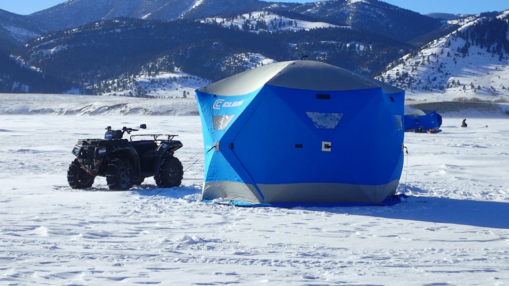 ice fishing, shelter, ATV, frozen lake