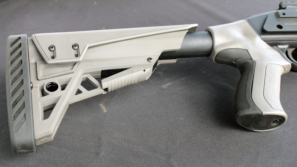 The ATI Scorpion stock includes 6 positions and a thick rubber recoil pad. 