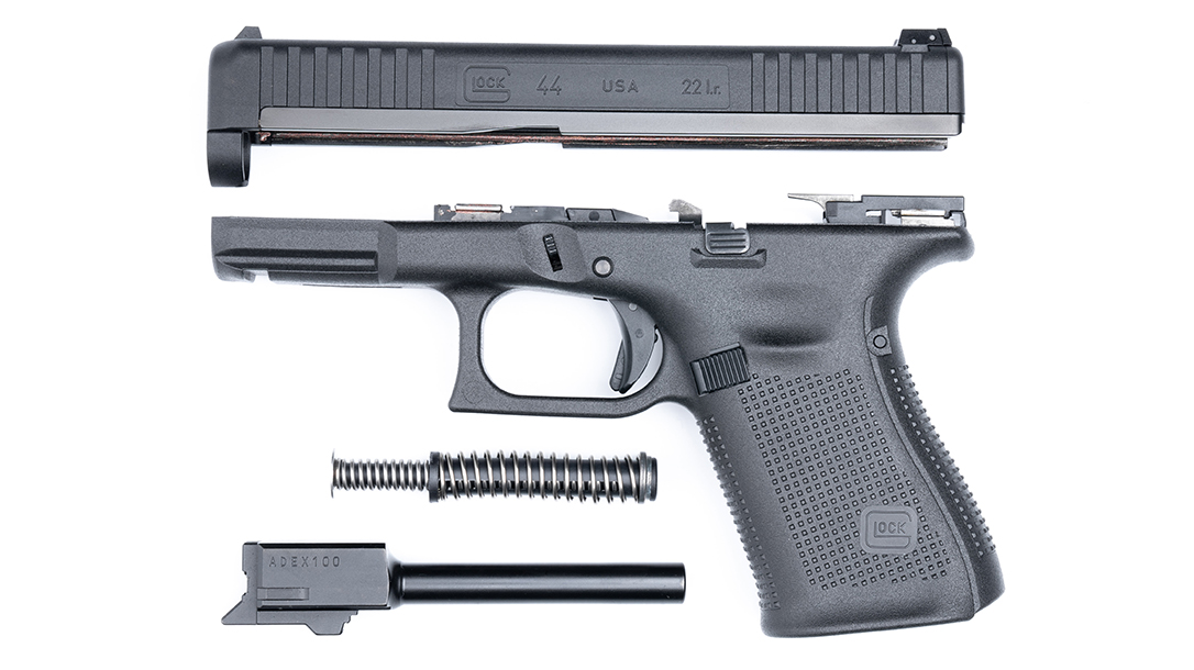 The G44 is all traditional Glock in terms of disassembly.