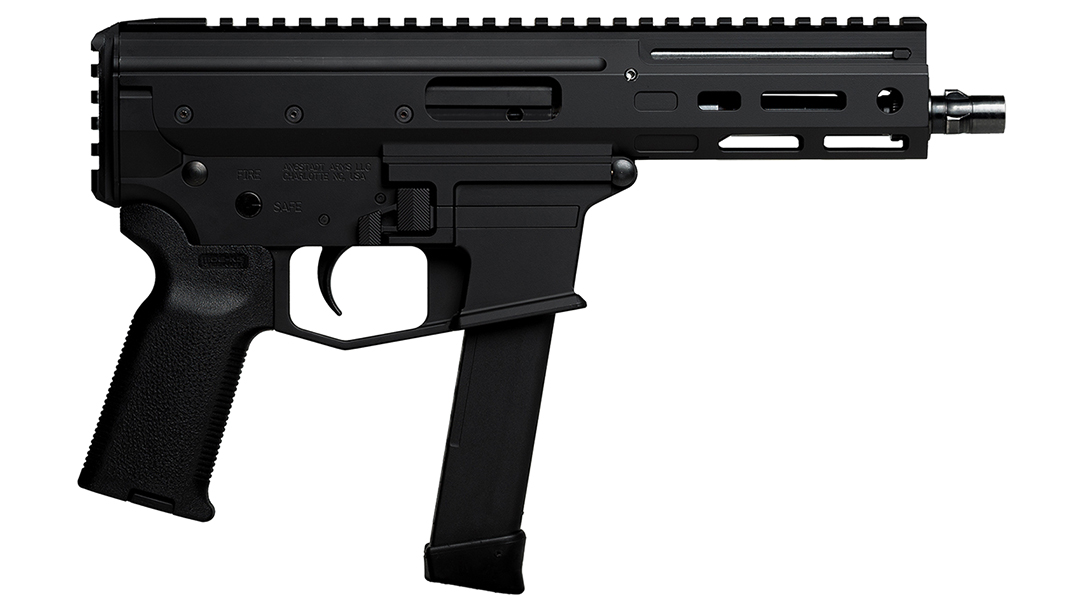 The gun features a roller-delayed action reminiscent of the HK MP-5.