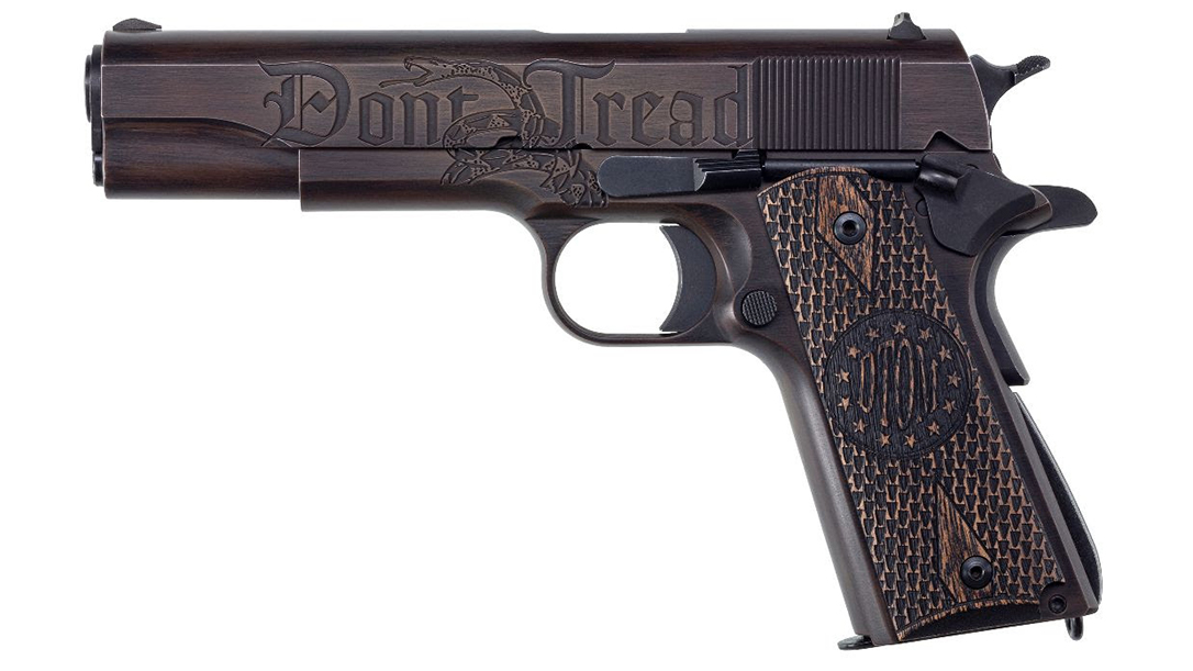 The left side of the pistol features "Don't ... Tread," along with images of the Gadsden snake.