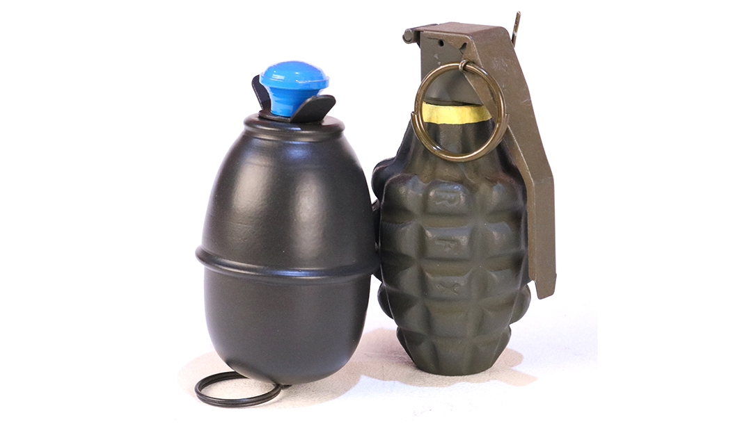 Hand grenades come in two broad flavors. The German egg grenade on the left is an offensive grenade offering a lot of explosive and minimal fragmentation. The American Mk 2 on the right is a defensive grenade optimized for fragmentation effect.