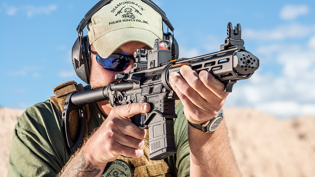 Armory SAINT EDGE Takedown AR Pistol Review, aiming, muzzle device