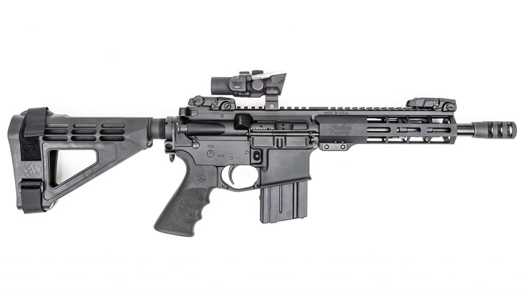 The AR-style pistol includes an SB Tactical stabilizing brace. 