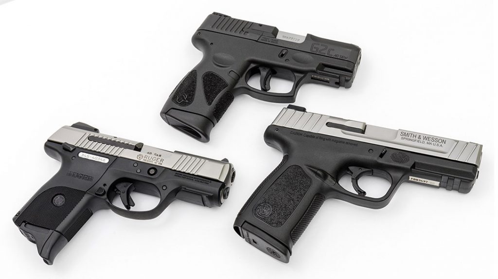 Each of the three pistols is striker-fired with a safety-action type trigger.  All three also had accessory rails. The S&W and Taurus have oval fingertip locators. 