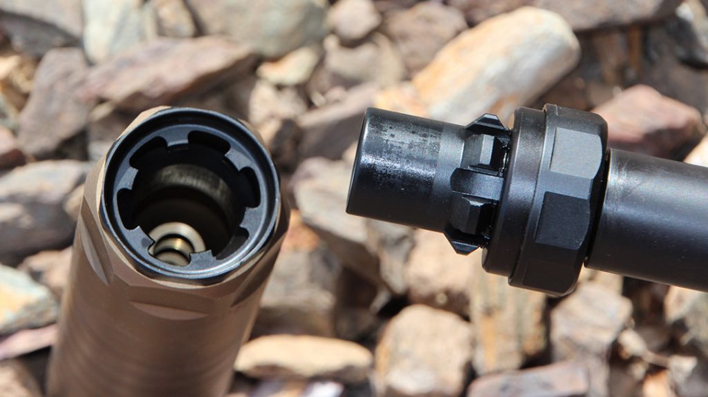 The RexQD, a six-lug quick-detach muzzle device that allows a suppressor to mate to the barrel without any movement.