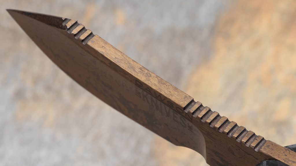 The Dawson Knives Snakebite includes strategically placed and comfortable jimping for bearing down on hard work.