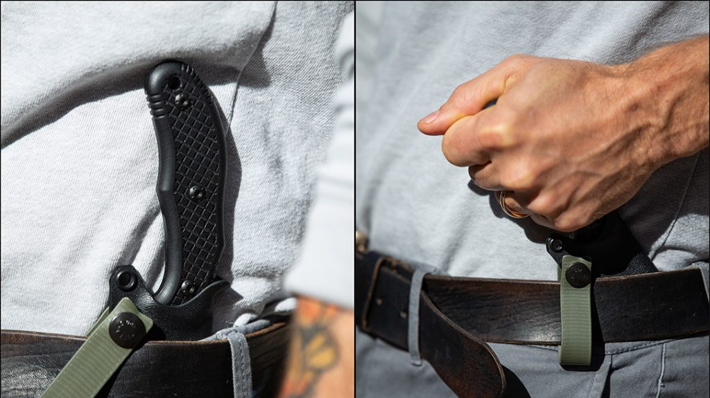 The Chopper ships with a Kydex sheath that set up for comfortable, ambidextrous IWB carry.