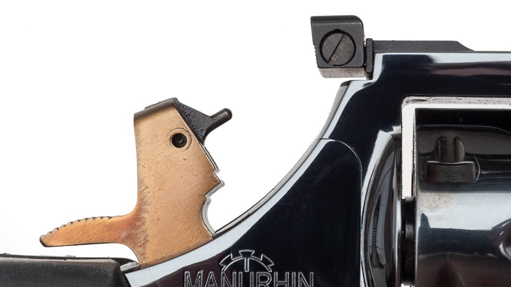 The hammer and trigger’s gold tone is caused by the heat-treat process, offering an attractive contrast to the blued finish.