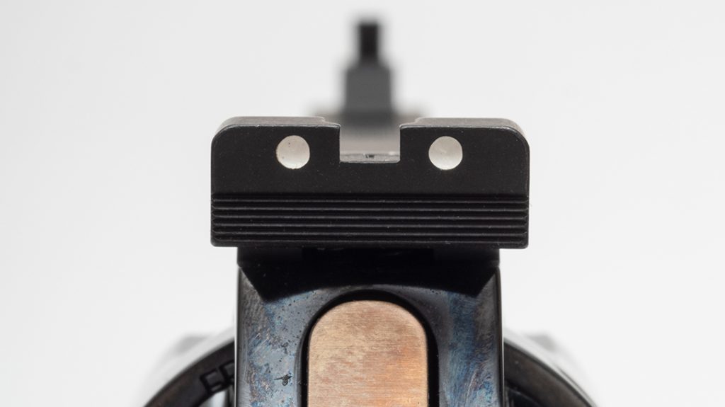 The MR73’s rear sight is of the two-dot variety and is adjustable for windage and elevation.