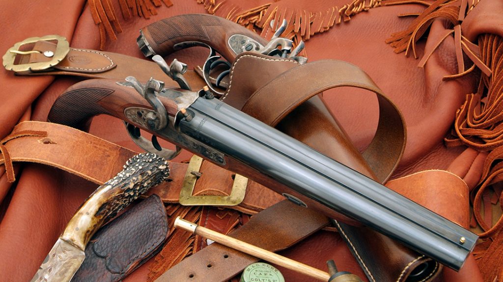 Retro-designing Howdah pistols, the first model built by Pedersoli was a double-hammer percussion pistol introduced in 2007. By date of introduction, this older model is historically a later 19th century design compared to the new Flintlock version.