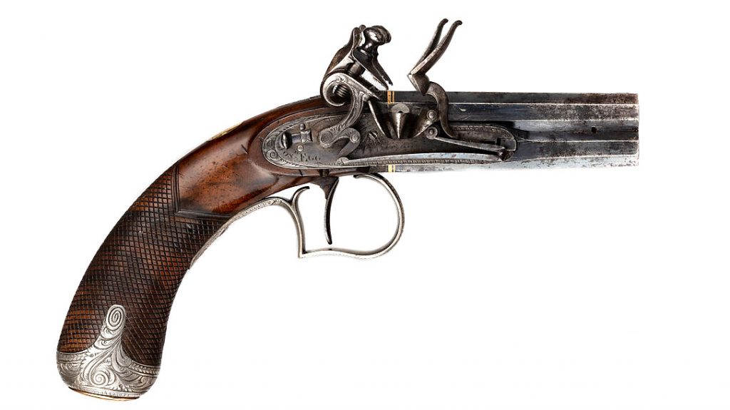 Built c.1815-1820 this Small Flintlock superposed pistol is diminutive in size and elegant in form. Small side-lock pistols like this one were one of Joseph Egg’s specialties, prized for their precision craftsmanship and jewel-like quality, as well as their convenience as pocketable weapons. Its novel single-trigger mechanism, designed by Egg, allowed for the barrels to be fired in succession with two pulls of the trigger. (Metropolitan Museum of Art)