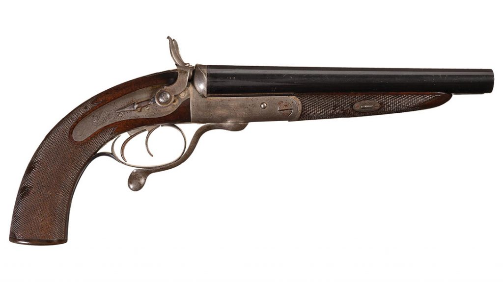This impressive Howdah Pistol was manufactured in circa 1868 for a Captain Arbuthnot, according to the factory ledger. Harris Holland manufactured it before joining forces with his nephew and forming the firm of Holland & Holland in 1876. (Rock Island Auction Co.)