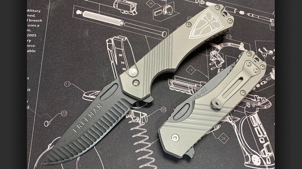 A 451 Button Lock Folder with all 6Al-4V titanium handles with engraving. (Below) A 5-inch Model 451 in FDE.