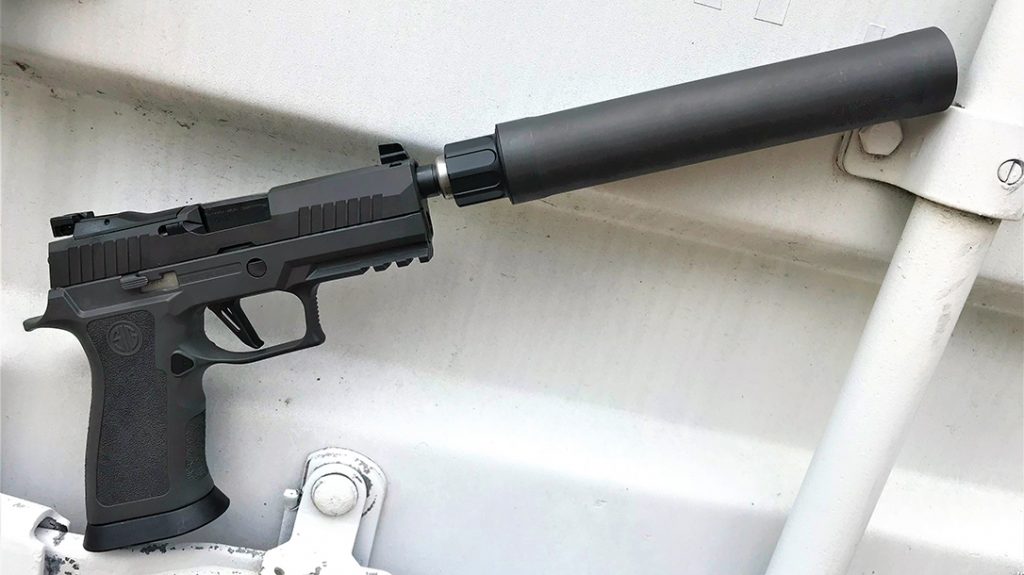 A SIG SRD45 pistol silencer suppressor was chosen to mate up to the XCARRY LEGION.  A ½”x28 piston was necessary to mount on the 9MM XCARRY LEGION.