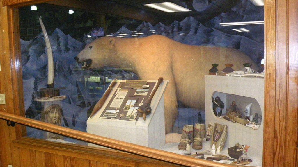 A display case holding a stuffed Polar Bear and Inuit and Inupiaq artifacts.