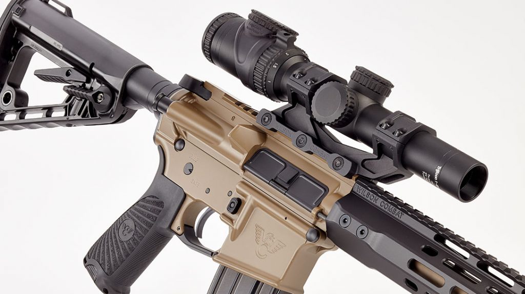 The home defense carbine features the Wilson Combat logo embossed on the mag well.