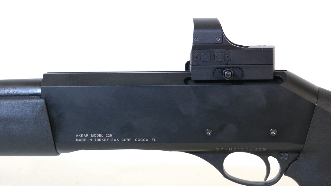 The EAA Churchill 220 has a build in red dot sight mount