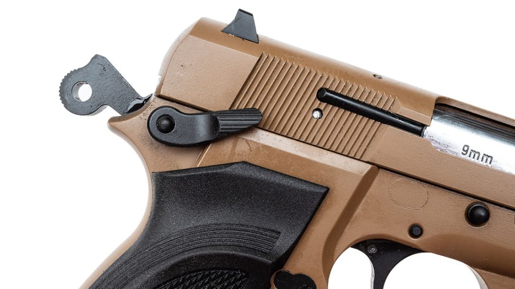 An ambi thumb safety on the MCP35 Browning Hi-Power makes it an ideal choice for left-handed shooters.