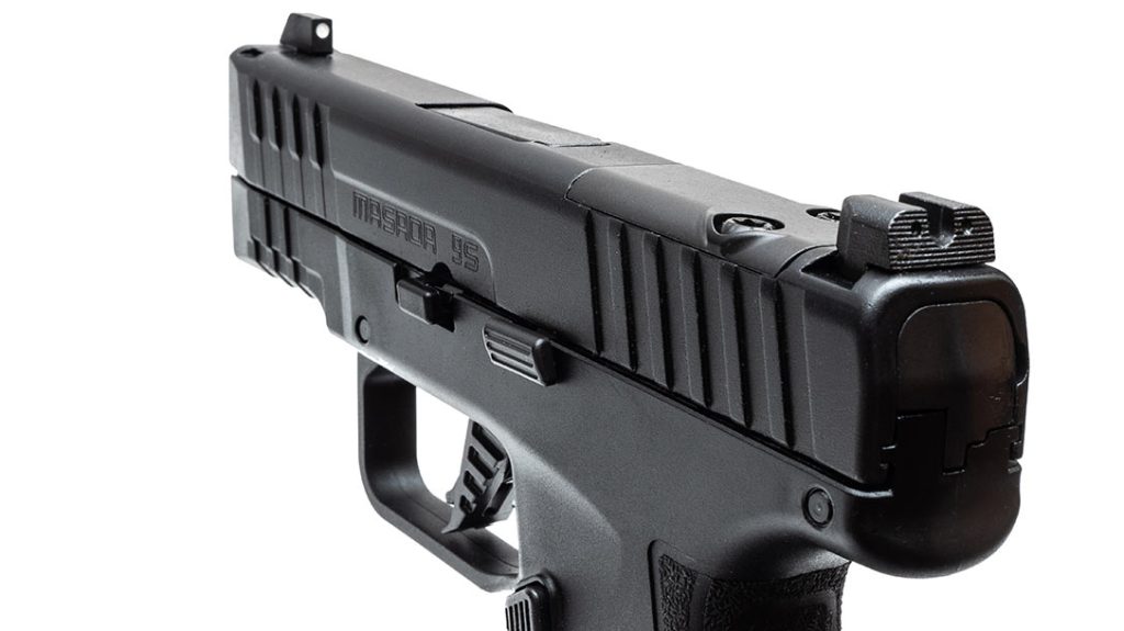 The pistol’s blacked out rear sight keeps the sight picture clutter-free for easy pickup of the white-dot front sight.