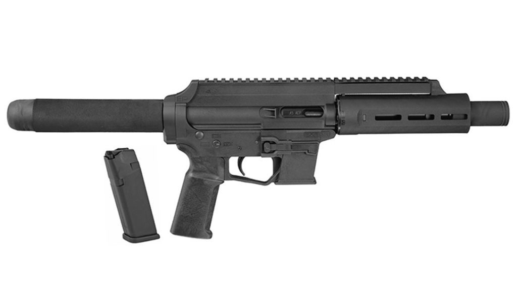 The .45-caliber Extar EP45 large-format, AR-style pistol. 