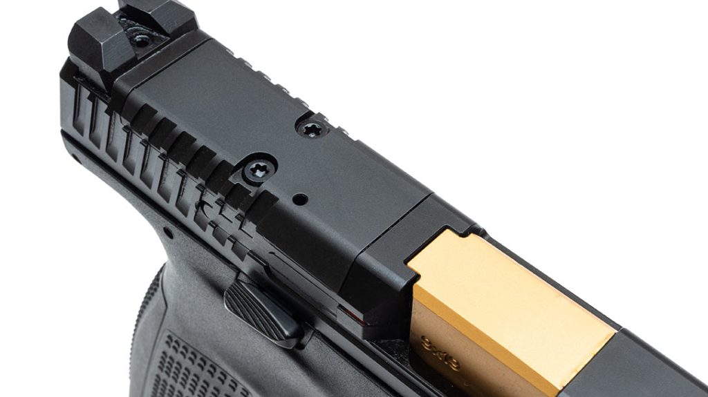 The CZ P-10 F Competition-Ready comes with an opticsready slide that makes use of adapter plates for popular red-dot units.