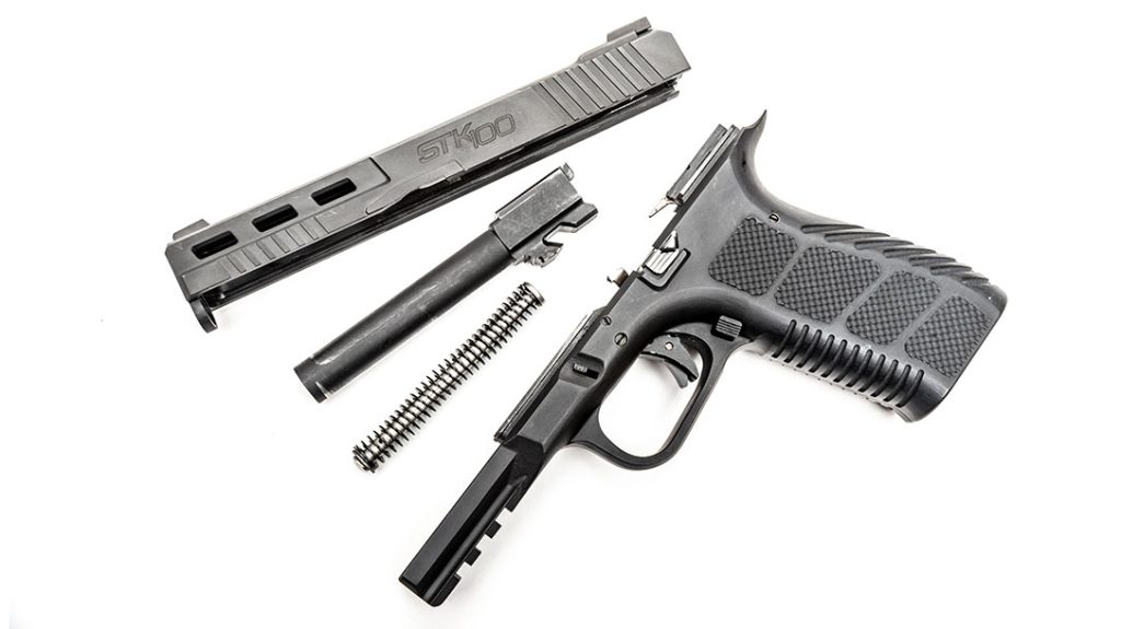 While many of the parts of the gun are similar to those in a Glock, the cuts on the sides and top of the slide give the Rock Island STK100 a unique look.