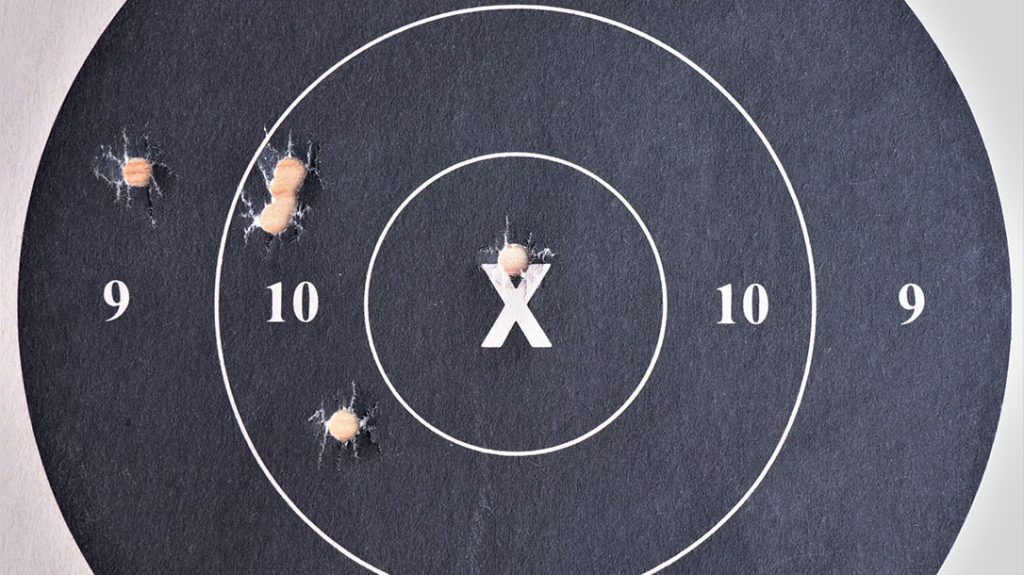 This 2.19-inch group was fired at 15 yards using Norma’s 108-grain MHP duty load.