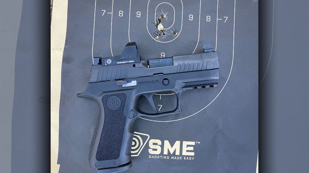 Accuracy with the Sig P320 RXP XCompact ROMEO1 PRO combo was impressive. This is an example of 15 yards offhand accuracy.