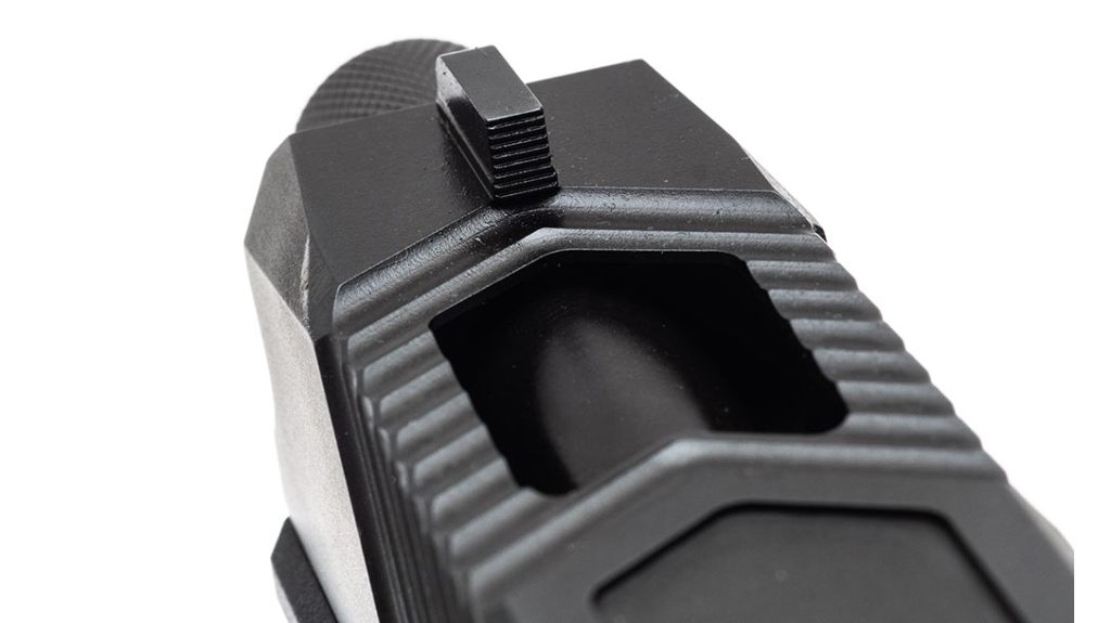 The front sight is a blacked out blade with serrations to minimize glare.