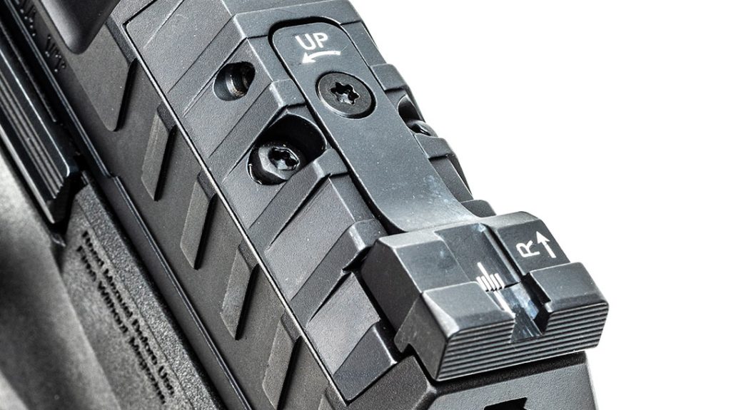 An adjustable rear sight comes standard on the pistol. The sight is built into the removable rear optics plate.