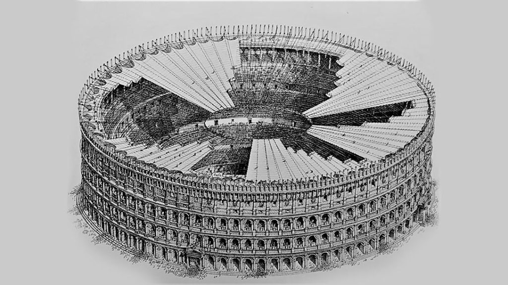 To keep the sun off the spectators, the Colosseum of Rome had massive canvas shades suspended from ropes that spanned it from end to end. The shades were adjusted as needed by Roman Navy sailors temporarily assigned there during the games.