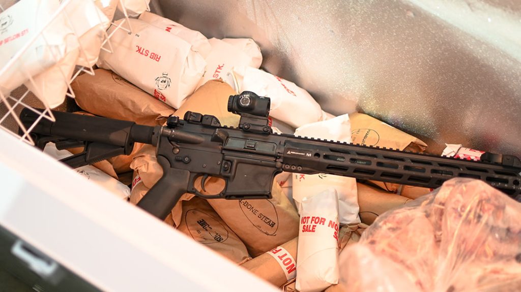 The RISE Armament Watchmen and Primary Arms SLx 1x Microprism in a freezer.