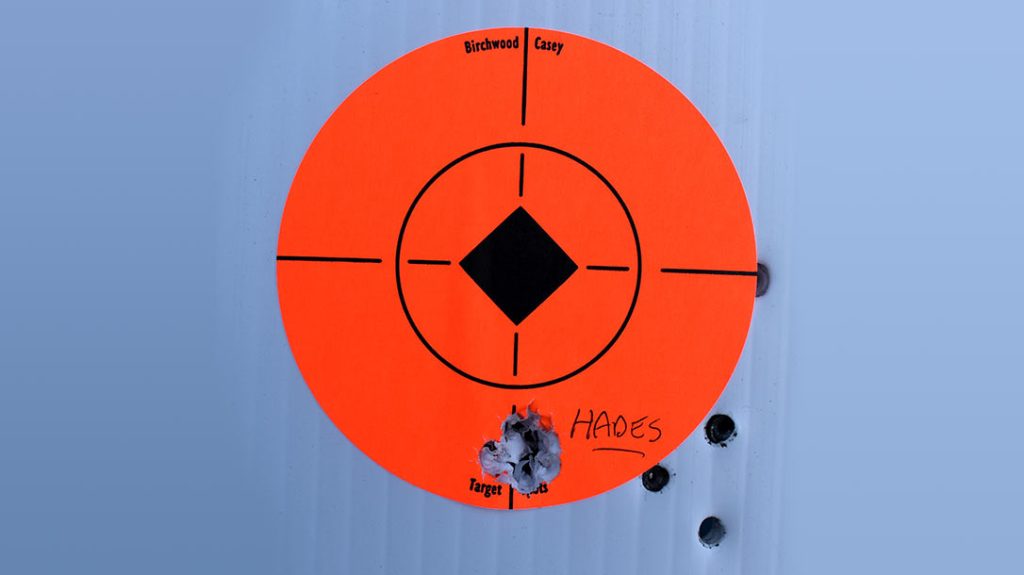 A five-hole group made by Predator Hades pellets at 20 yards.