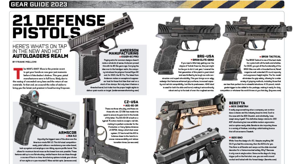 Defensive pistol buyer's guide in the Personal Defense World August-September 2023 issue.