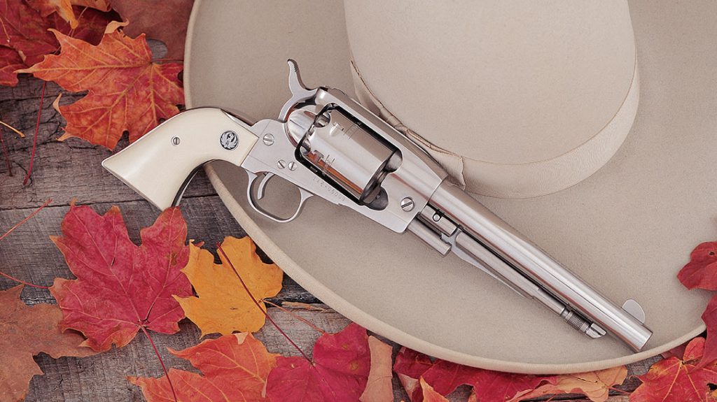 One of Ruger’s most popular blackpowder models, the polished stainless steel .44 Old Army with white Micarta grips and fixed sights gained popularity among Cowboy Action Shooters. The guns were made of chrome-molybdenum steel and weighed 32 ounces.