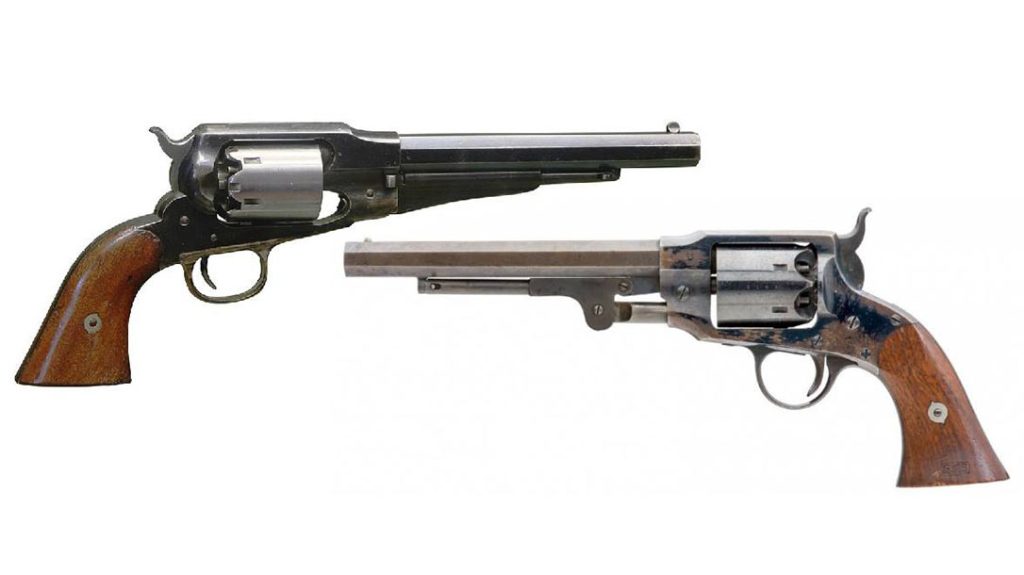 Bill Ruger, Sr. was always drawn to innovation, and in the late 1850s and early 1860s two of the most innovative revolver designs in America were the Remington New Model Army .44 (top) and the Rogers & Spencer. Both used a solid frame and threaded barrel.