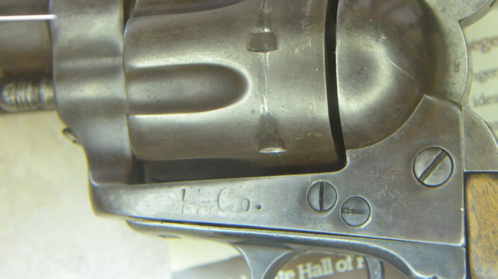 Note the “H Co.” stamped on the frame of this 1873 Colt, denoting it as property of the H Company of the Texas Ranger Frontier Battalion. It is a standard U.S. military model with 7.5-inch barrel chambered in .45 Colt and was drawn for the Rangers directly from U.S. Army stores in the state. – A look into Texas Rangers History.