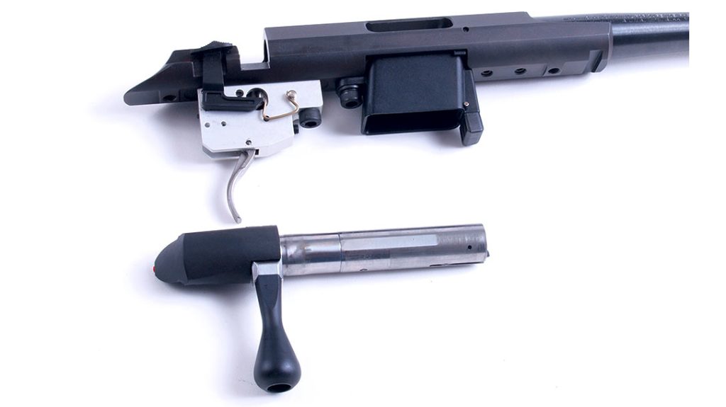 The bolt has a fairly short 50-degree throw for faster action and is removable by depressing a receiver mounted release button.