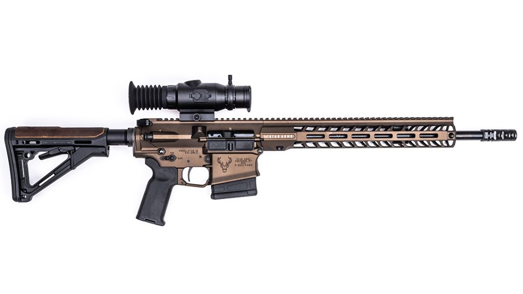 Full length view of the Stag Arms Pursuit topped with a Sightmark Wraith Mini thermal.
