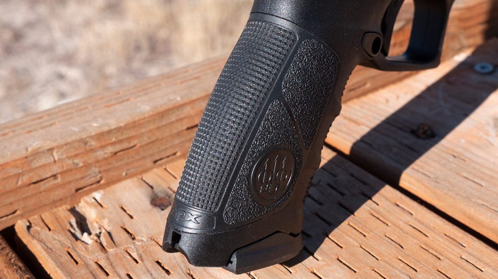 The Beretta APX Combat consists of a polymer grip frame housing with interchangeable grip straps.