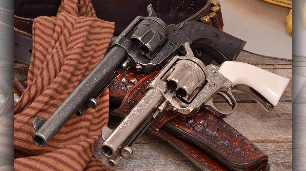 Pietta makes unattractive guns and beautiful guns like the Great Western II. As shown by comparing the “Last Stand” with this factory custom, Italian hand-engraved example using the black powder frame.