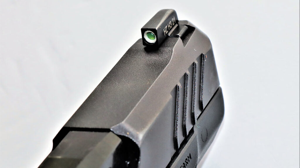 The front sight has a white-outlined tritium lamp that gives the Max a fast sight picture, day or night.